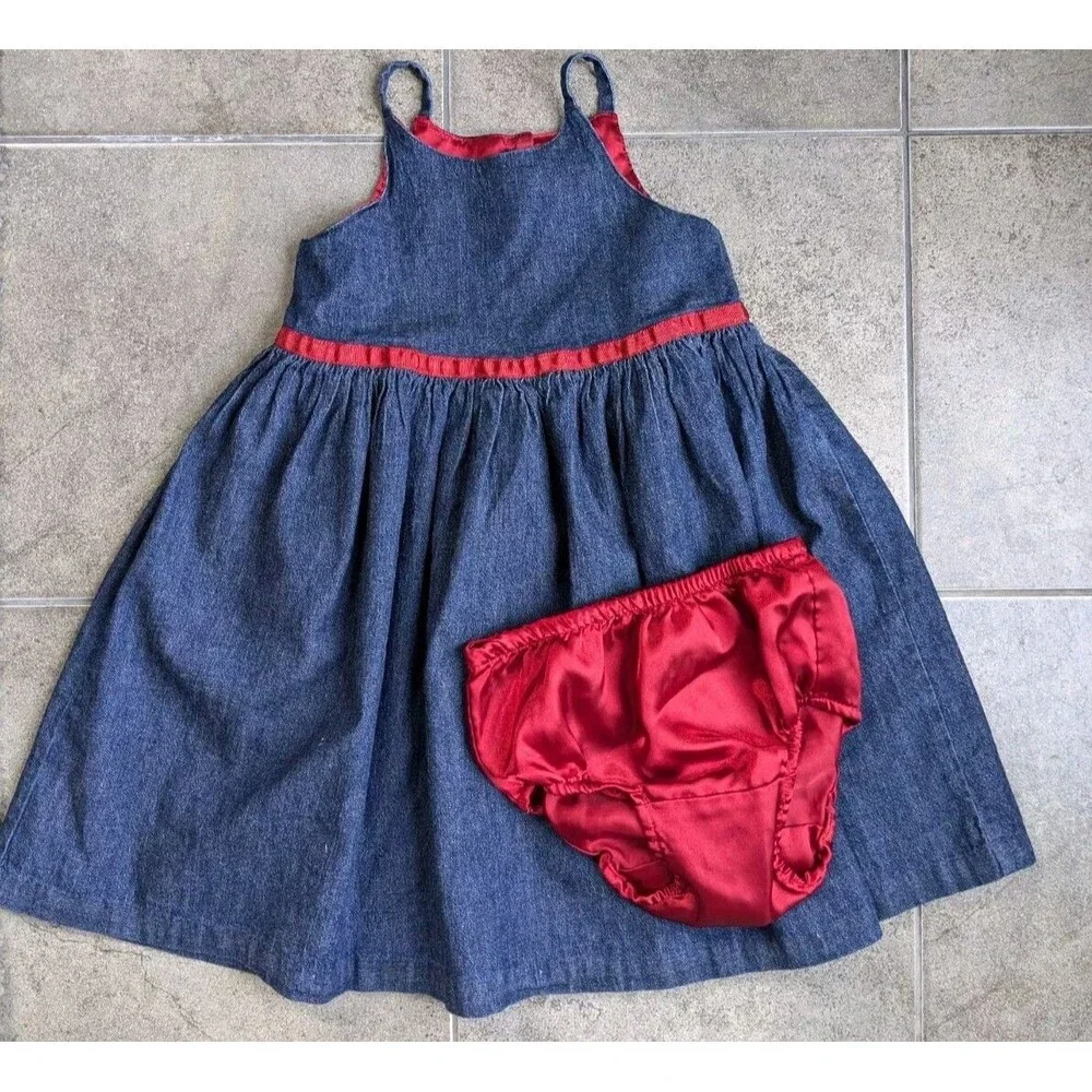 Y2K Baby Gap Girl 4 Years Denim Jumper Dress Red Satin Lining Matching Bloomers